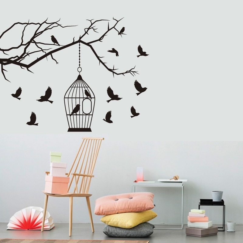Μοντέρνο Αυτοκόλλητο τοίχου Κλουβί με πουλιά