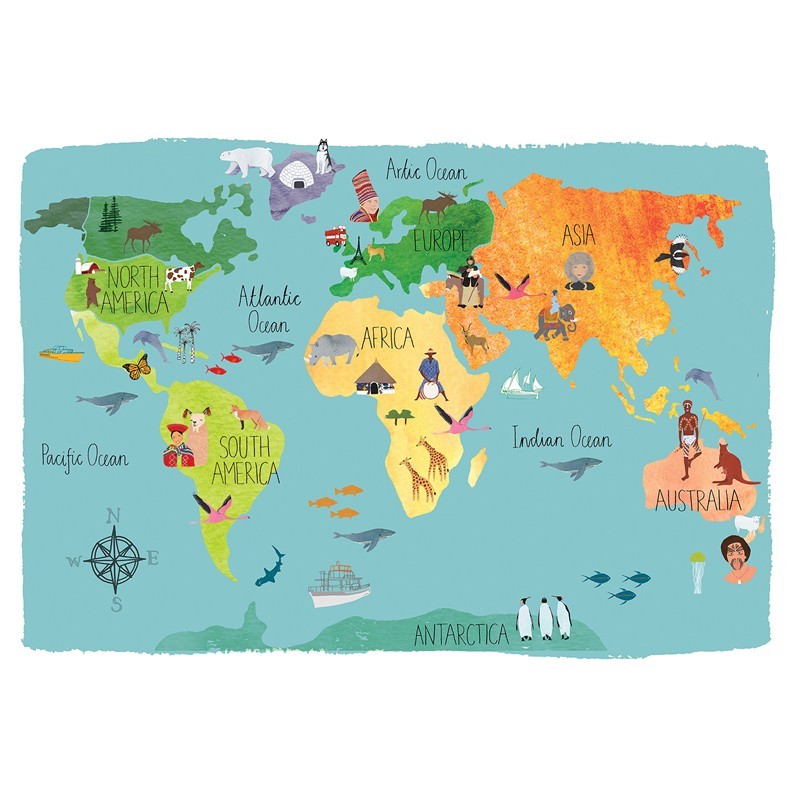 Πϊνακας σε καμβά Χάρτης του Κόσμου με Ζώα